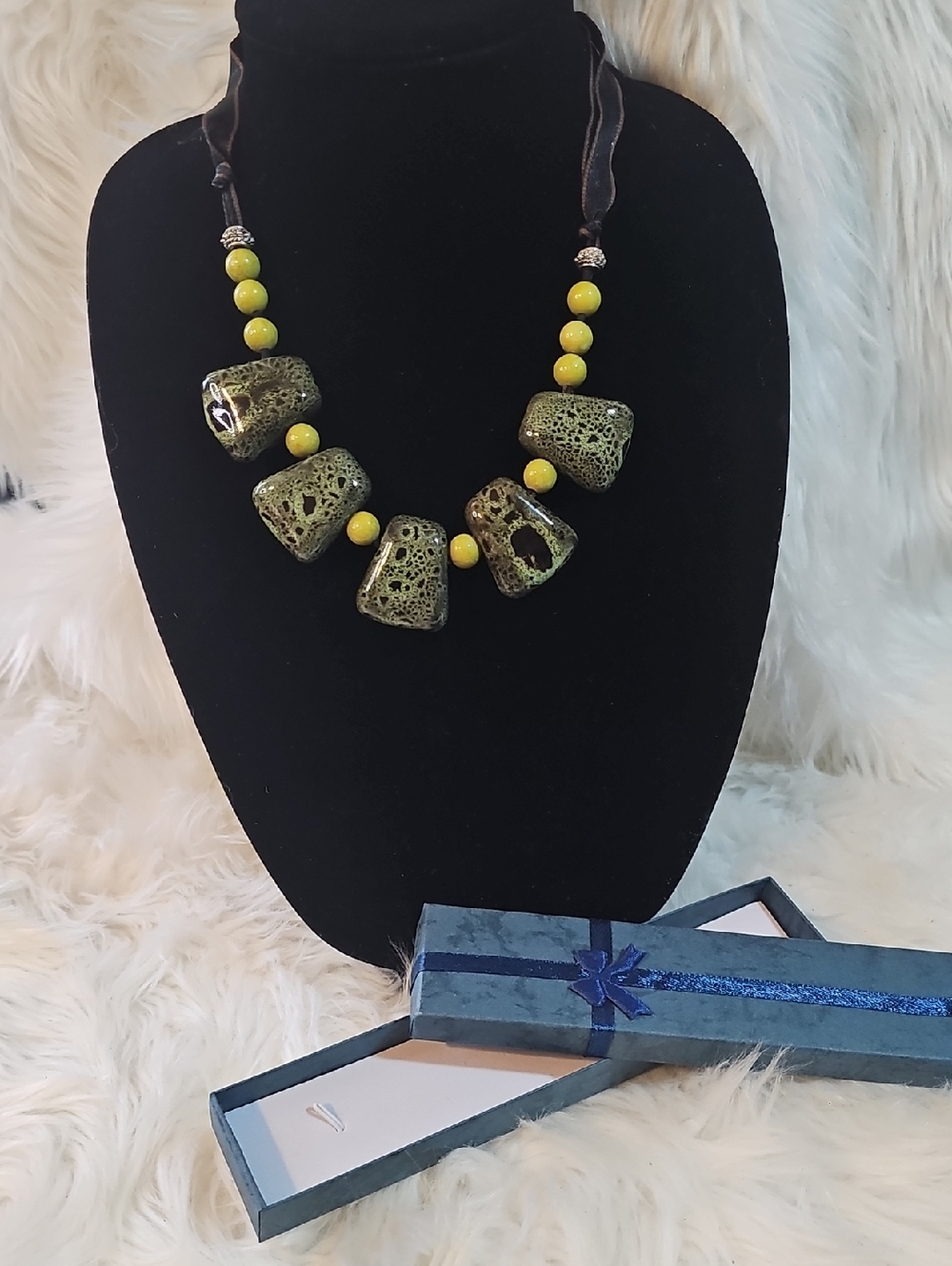 Handcrafted Green Ceramic Statement Necklace #34